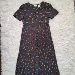 Vtg Liz Claiborne Babydoll Maxi‎ Dress Black Polka Dot Ditsy Floral Whimsigoth 8